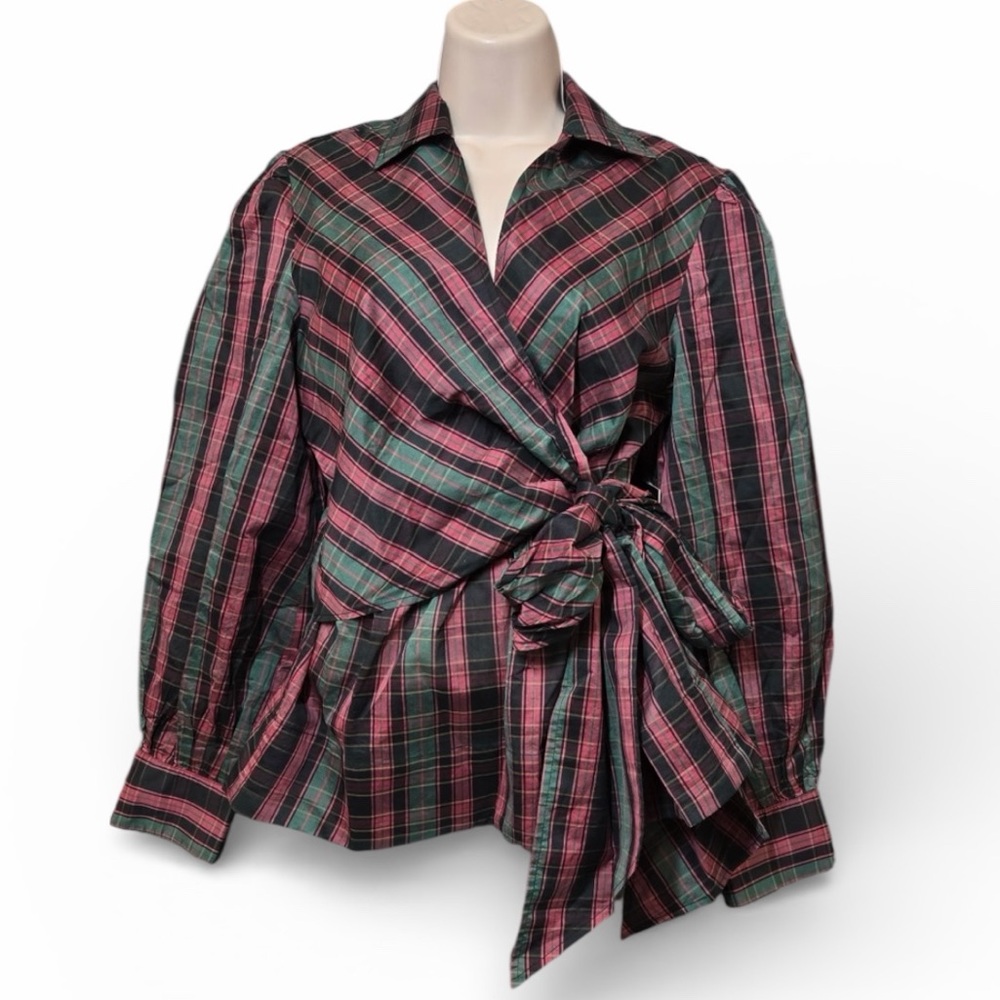NWT TUCKERNUCK Tartan Tie Front Bow Bea Blouse Women’s Medium 5550 - Picture 3 of 12